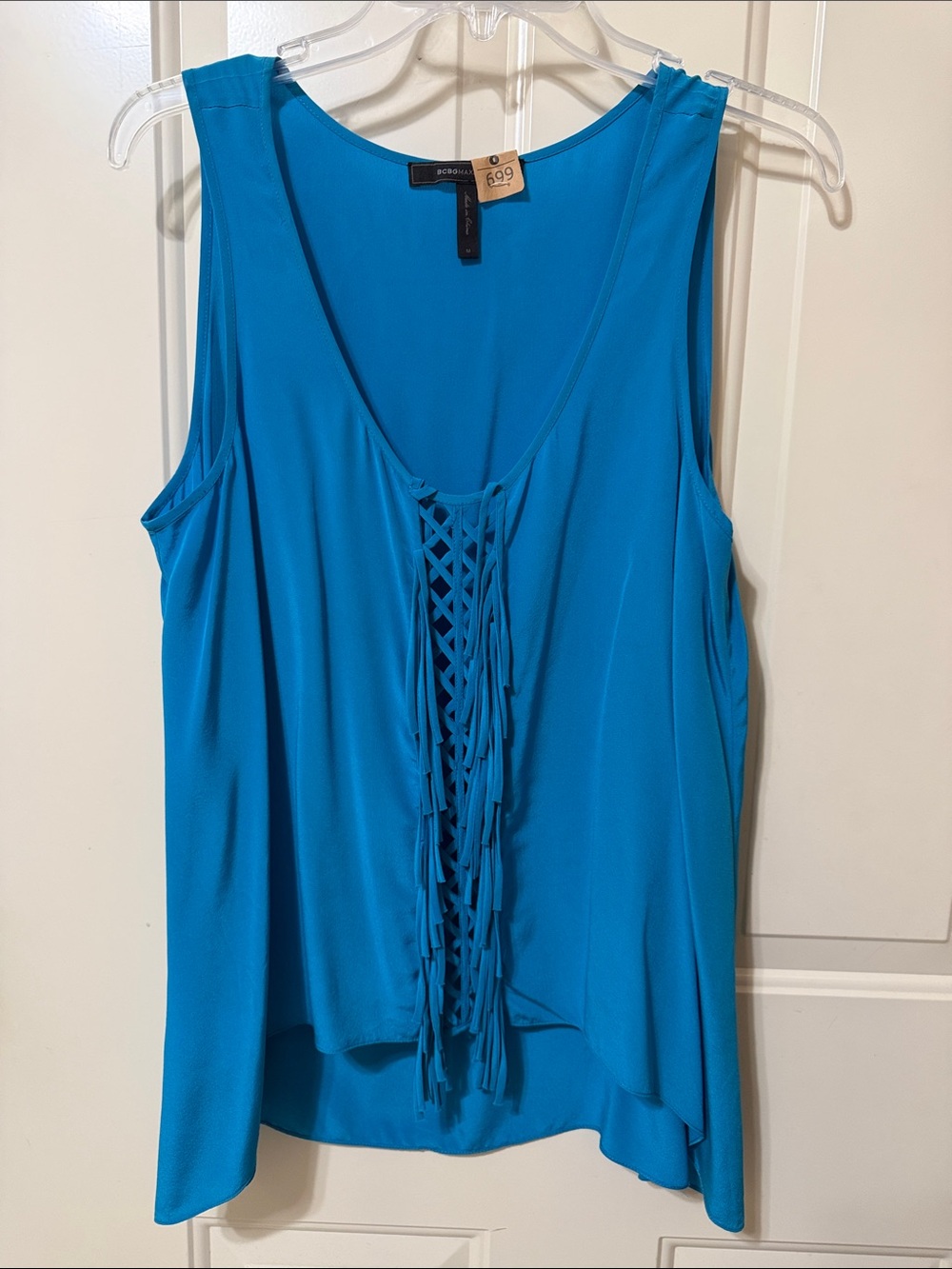 BCBGMaxAzria Silk Turquoise Sleeveless Fringe-Detail Camisole